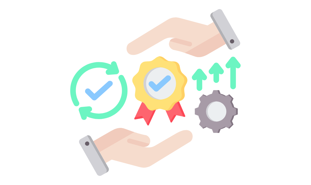 Illustration of hands exchanging quality service badges and upward arrows representing growth and cost-effectiveness.